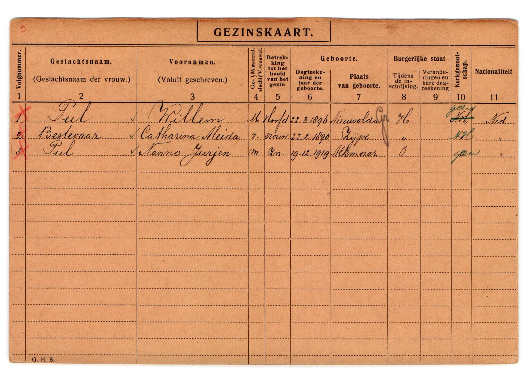 family registration card (front) Willem Pul